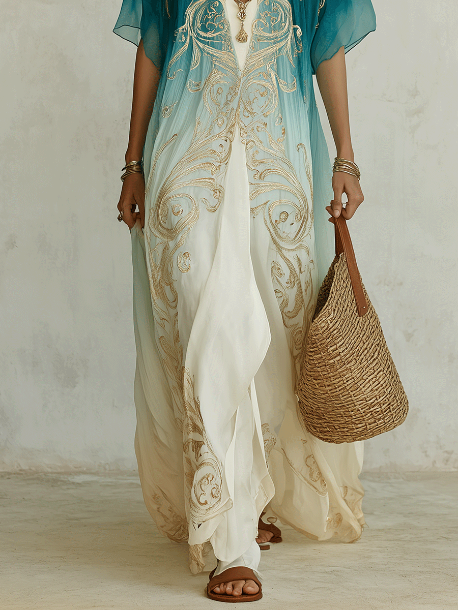 Elegant Coastal Breeze Aqua Ombre Kaftan Maxi Dress