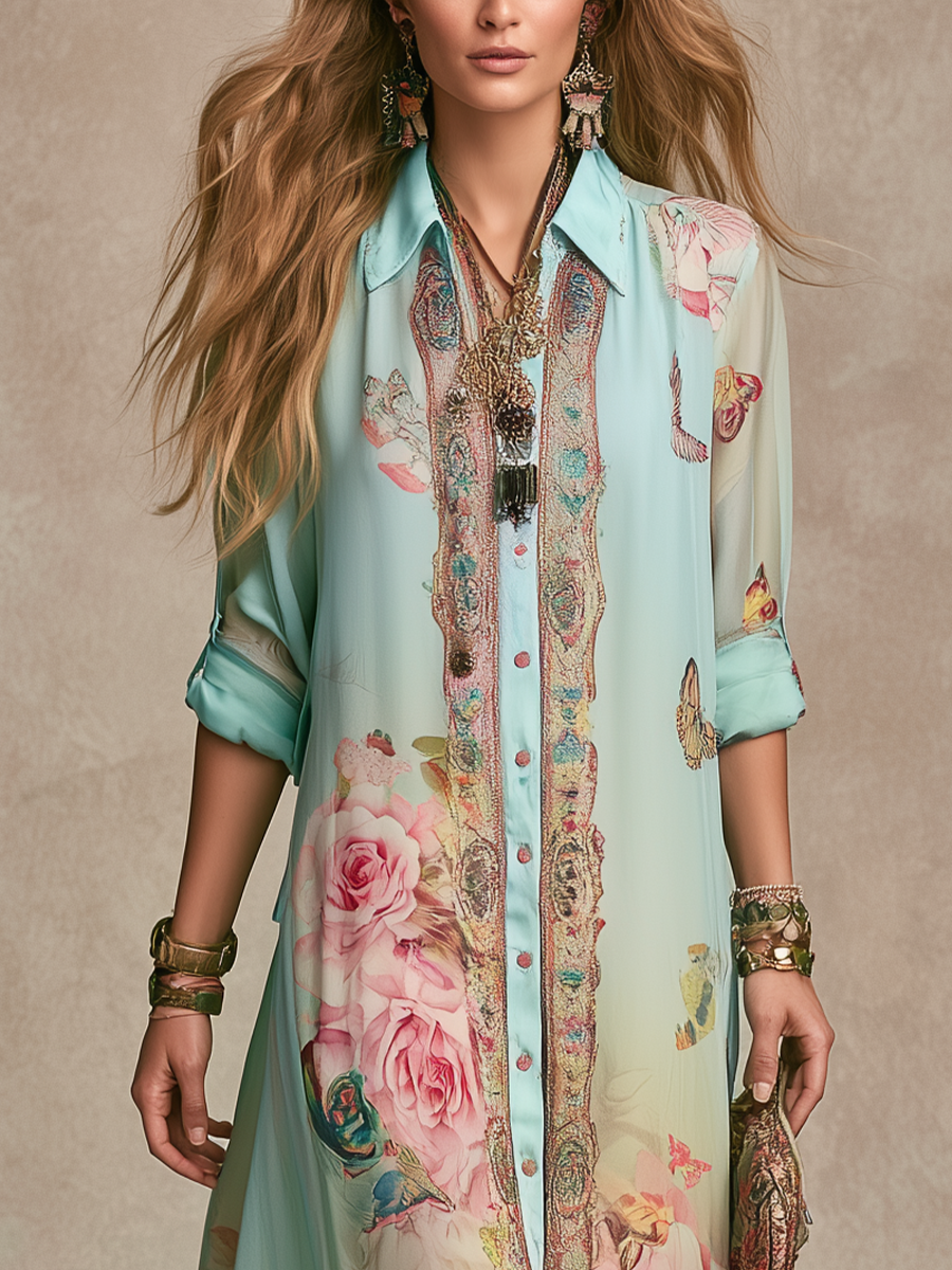 Baroque Style Mint Green Chiffon Floral Maxi Dress