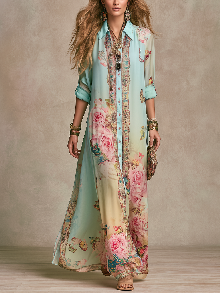 Baroque Style Mint Green Chiffon Floral Maxi Dress