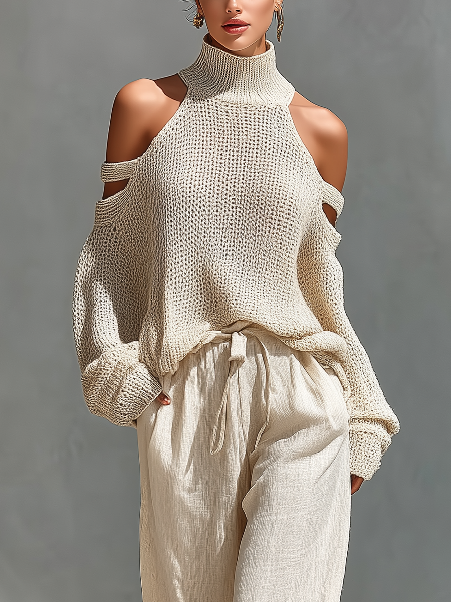 MARIA |  Knit Fabric Cold-Shoulder Turtleneck Top & Wide-Leg Pants Set
