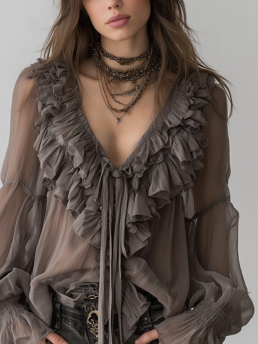 Grey Bohemian Ruffled Shirt