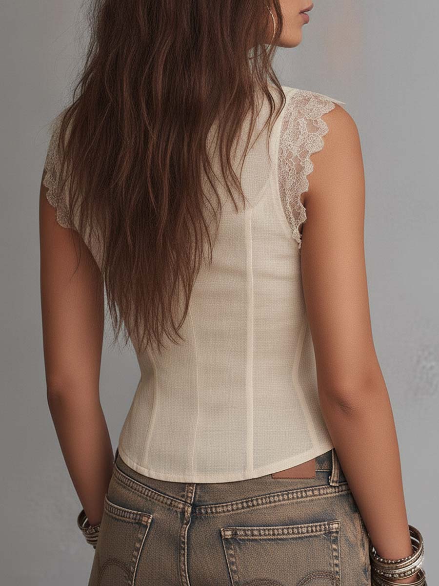 Sleeveless Ruffle Lace Trim Button Front Ruched Slim Corset Top