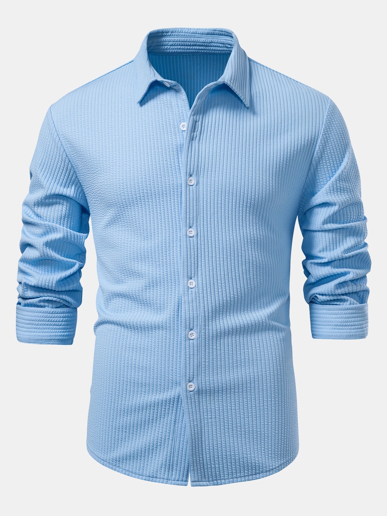 Ribbed Long Sleeve Muscle-Fit Button-Up Shirt