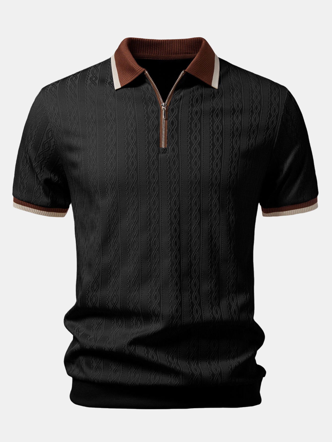 Contrast Trim Textured Zipper Knit Polo & Slim Fit Tapered Trousers