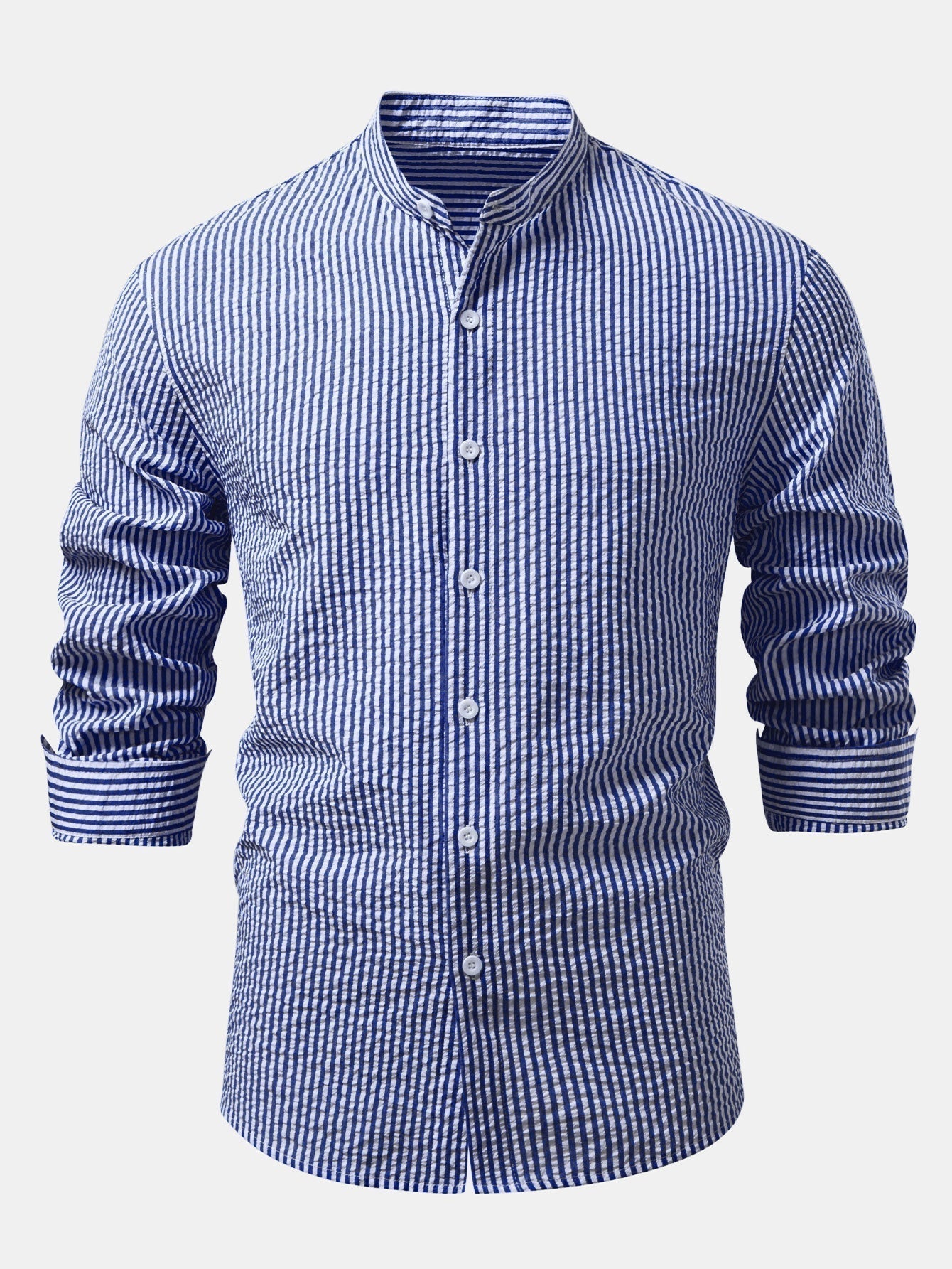 Striped Seersucker Shirt with High Collar