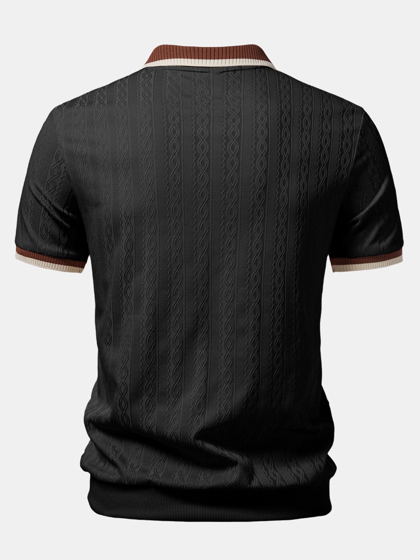 Contrast Trim Textured Zipper Knit Polo & Elastic Waist Straight Leg Trousers