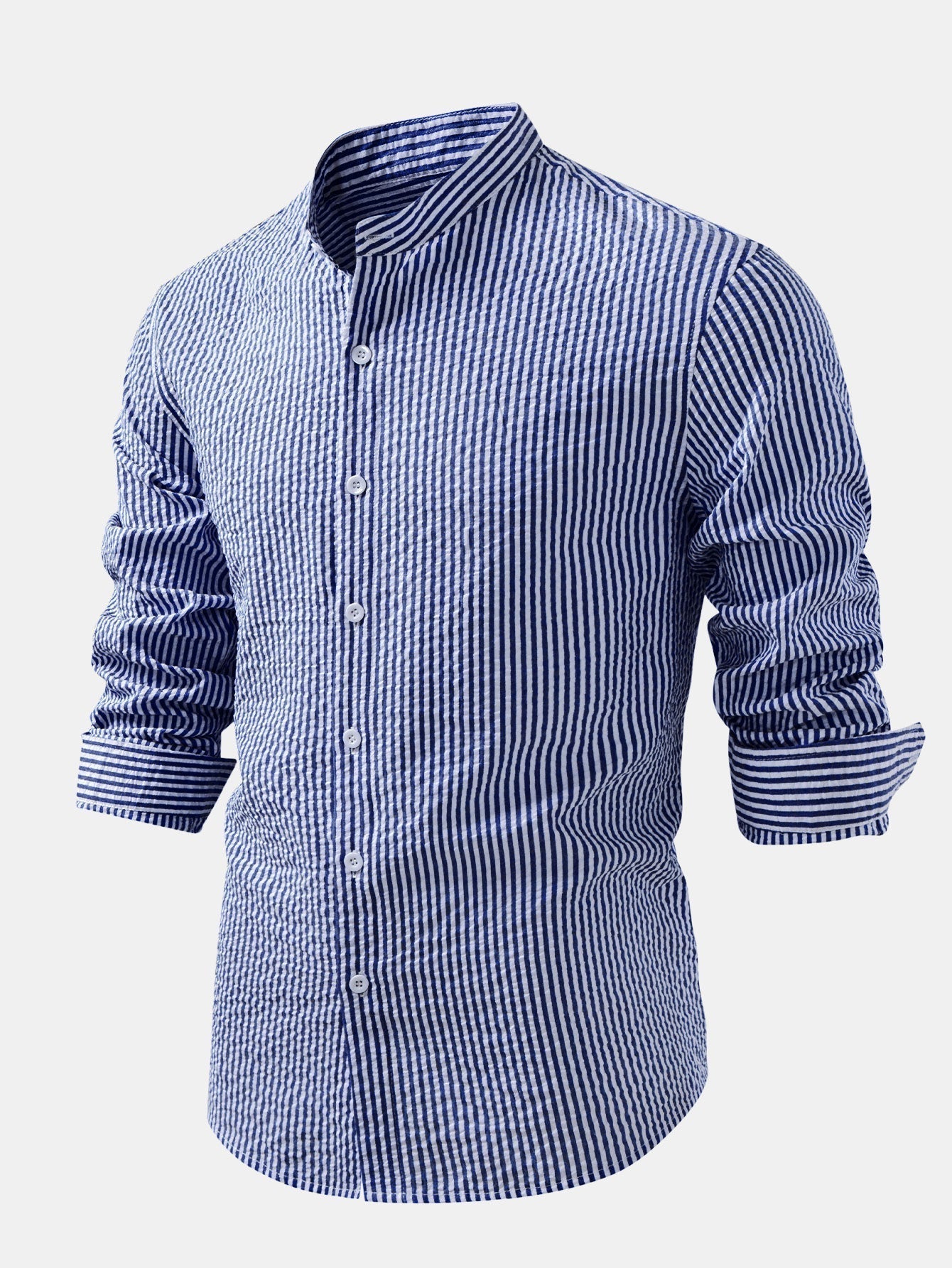 Striped Seersucker Shirt with High Collar