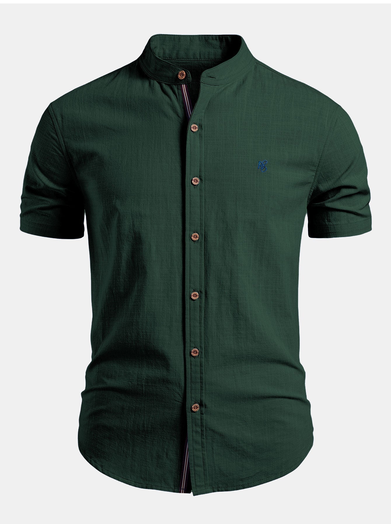 Short Sleeve Linen Look Stand Collar Shirt & Crinkle Textured Straight Leg Pants