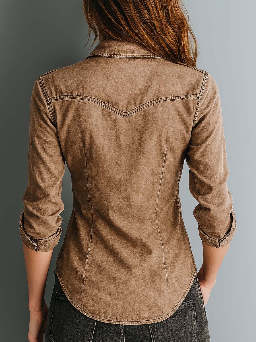 Retro Washed Contrast Stitching Blouse