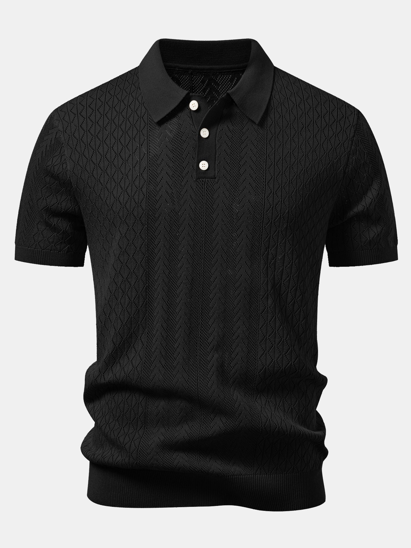 Geometric Jacquard Open Knit Polo & Crinkle Textured Straight Leg Pants