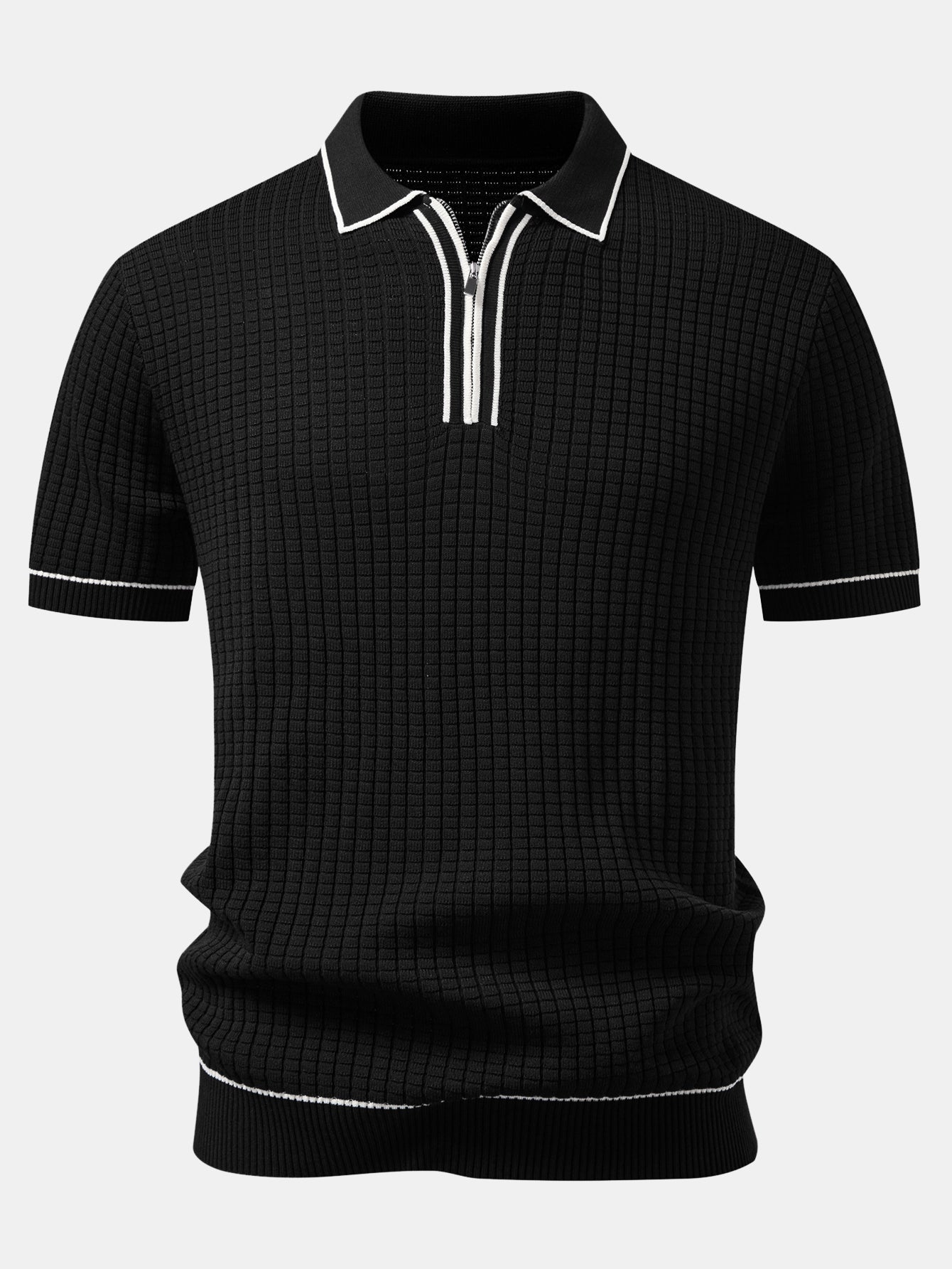 Contrast Trim Waffle Zipper Knit Polo & Slim Fit Tapered Trousers