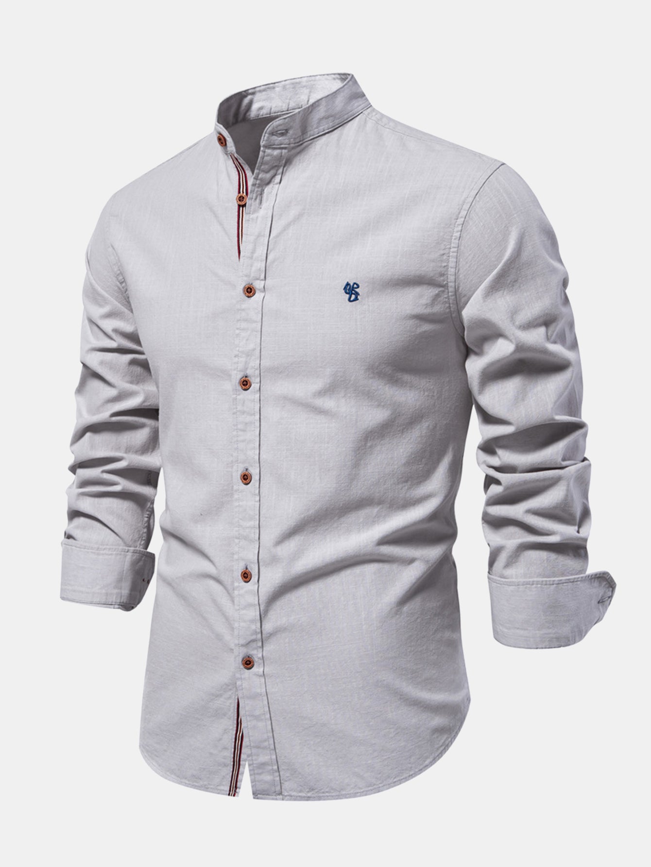 High-neck linen effect long-sleeve shirt