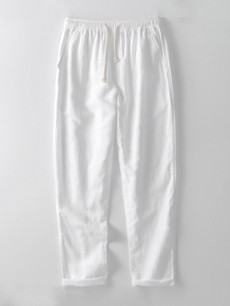 Johnny Collar Striped Open Knit Polo & Straight Leg Linen Pants