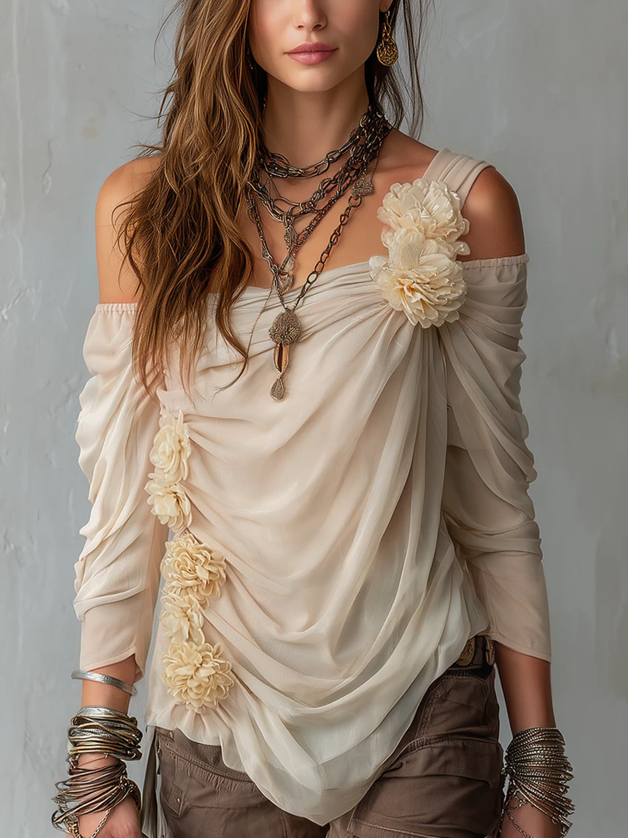 Bohemian Draped Off-Shoulder Floral Chiffon Blouse