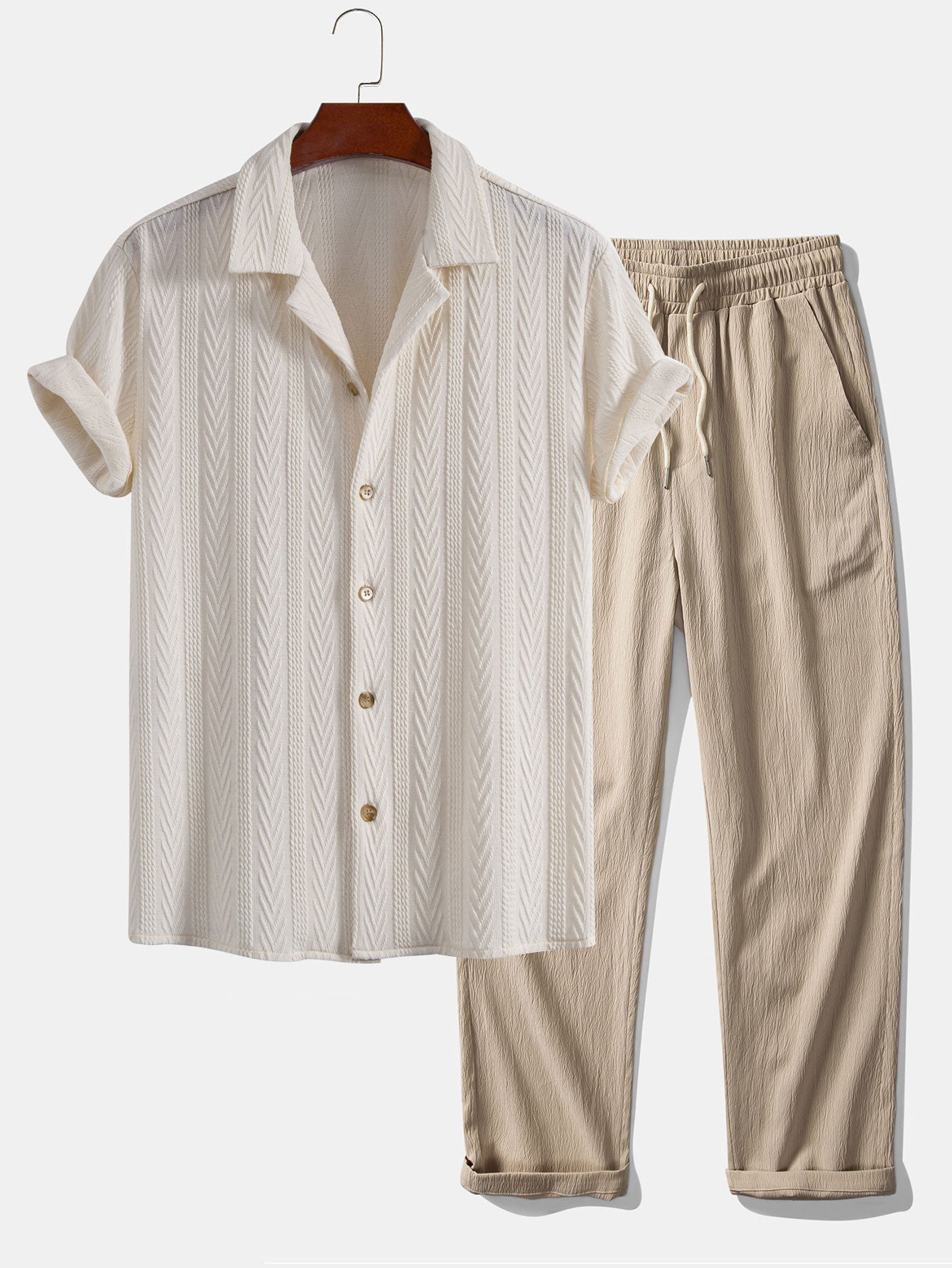 Textuur Jacquard Cubaanse Shirt & Kreukel Textuur Rechte Pantalon