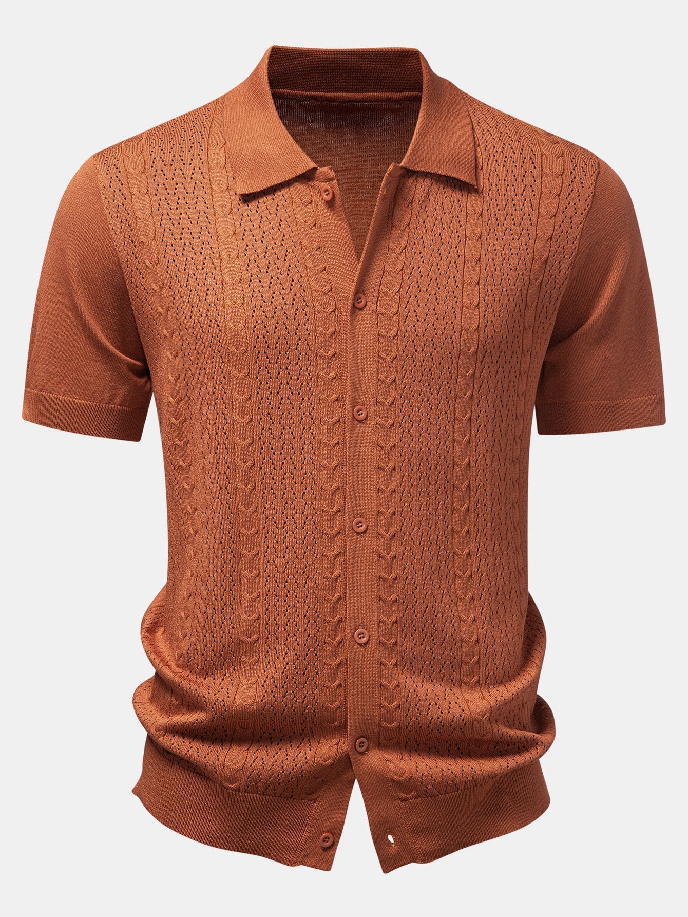 Twisted Jacquard Button Up Knit Shirt & Crinkle Textured Drawstring 5" Shorts