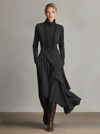 Purple High-Neck Draped Asymmetrical Maxi Dress