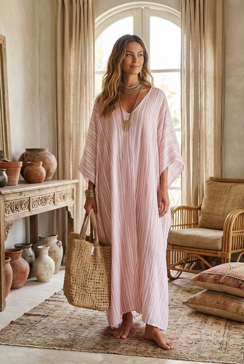 Bohemian-style Soft Pink Striped Kaftan Dress