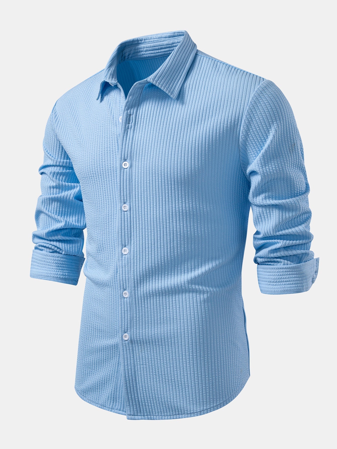 Ribbed Long Sleeve Muscle-Fit Button-Up Shirt