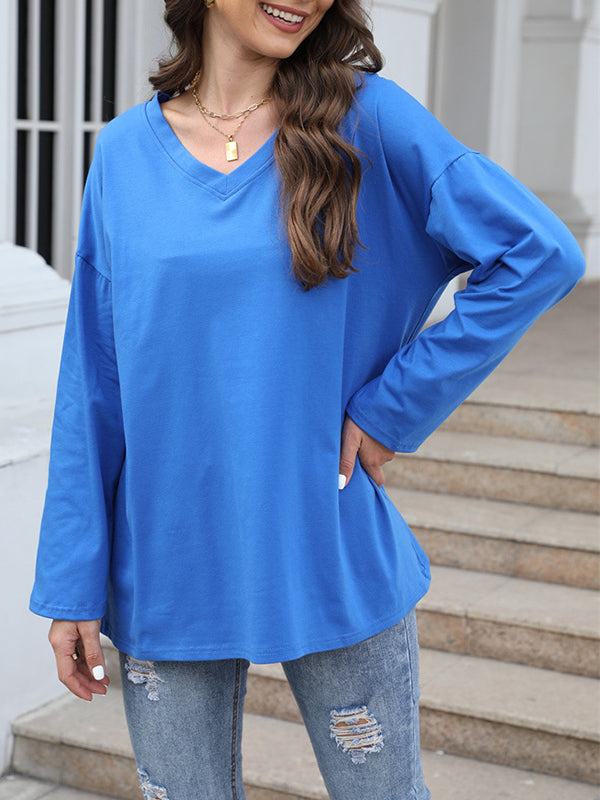 Long Sleeve Loose See-Through Solid Color Split-Joint V-Neck T-Shirts