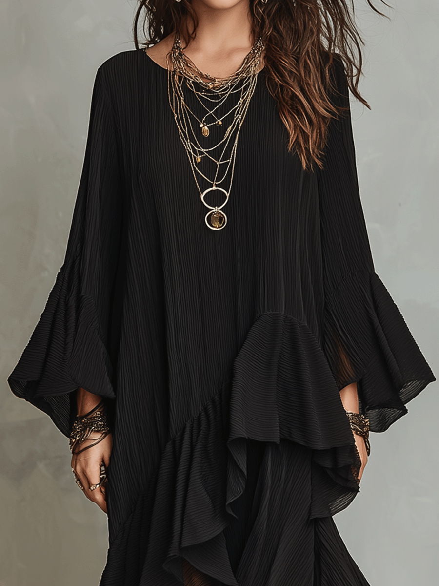 Elegant Asymmetric Ruffle Black Boho Midi Dress
