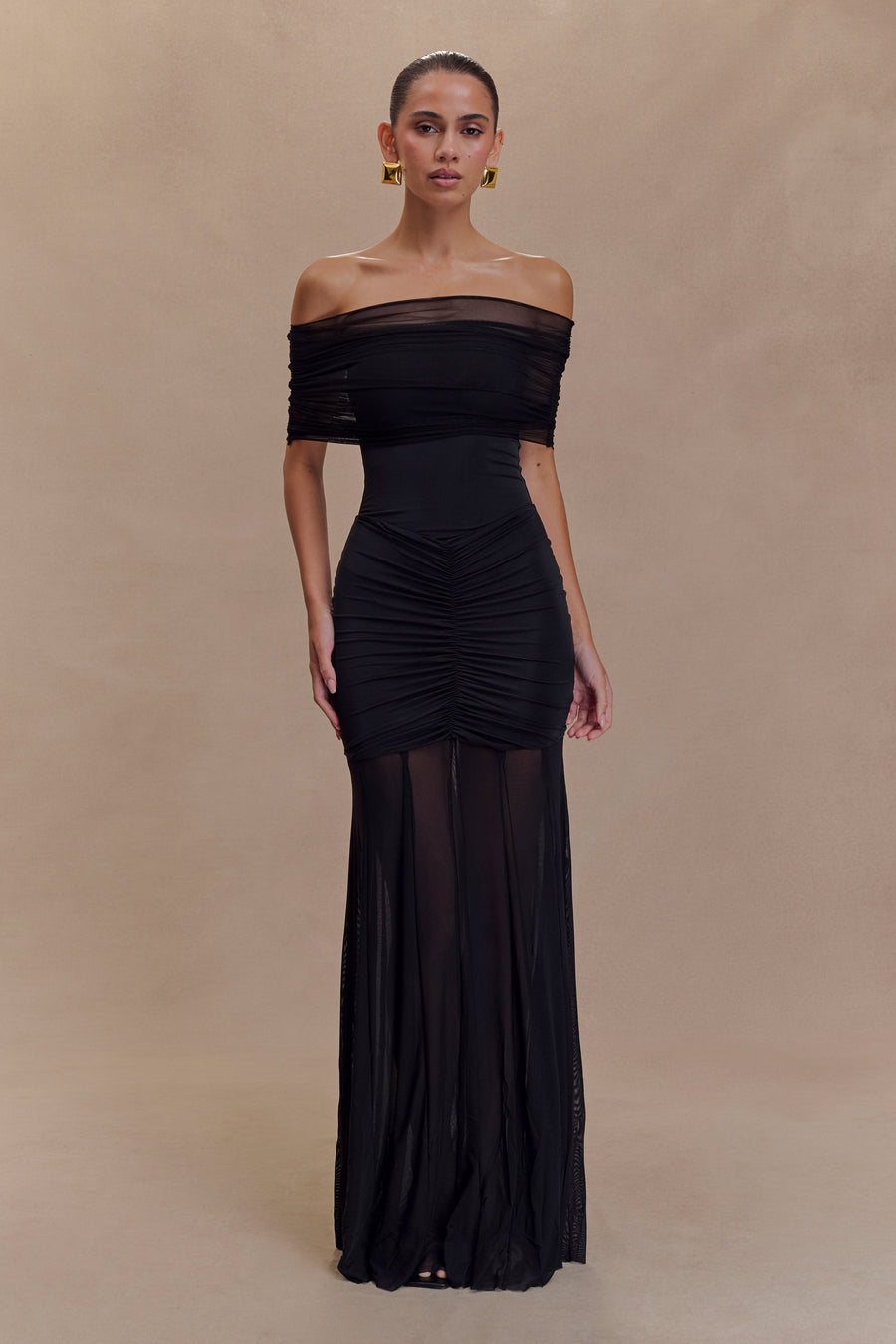 Linzy Slinky And Mesh Off Shoulder Maxi Dress - Black