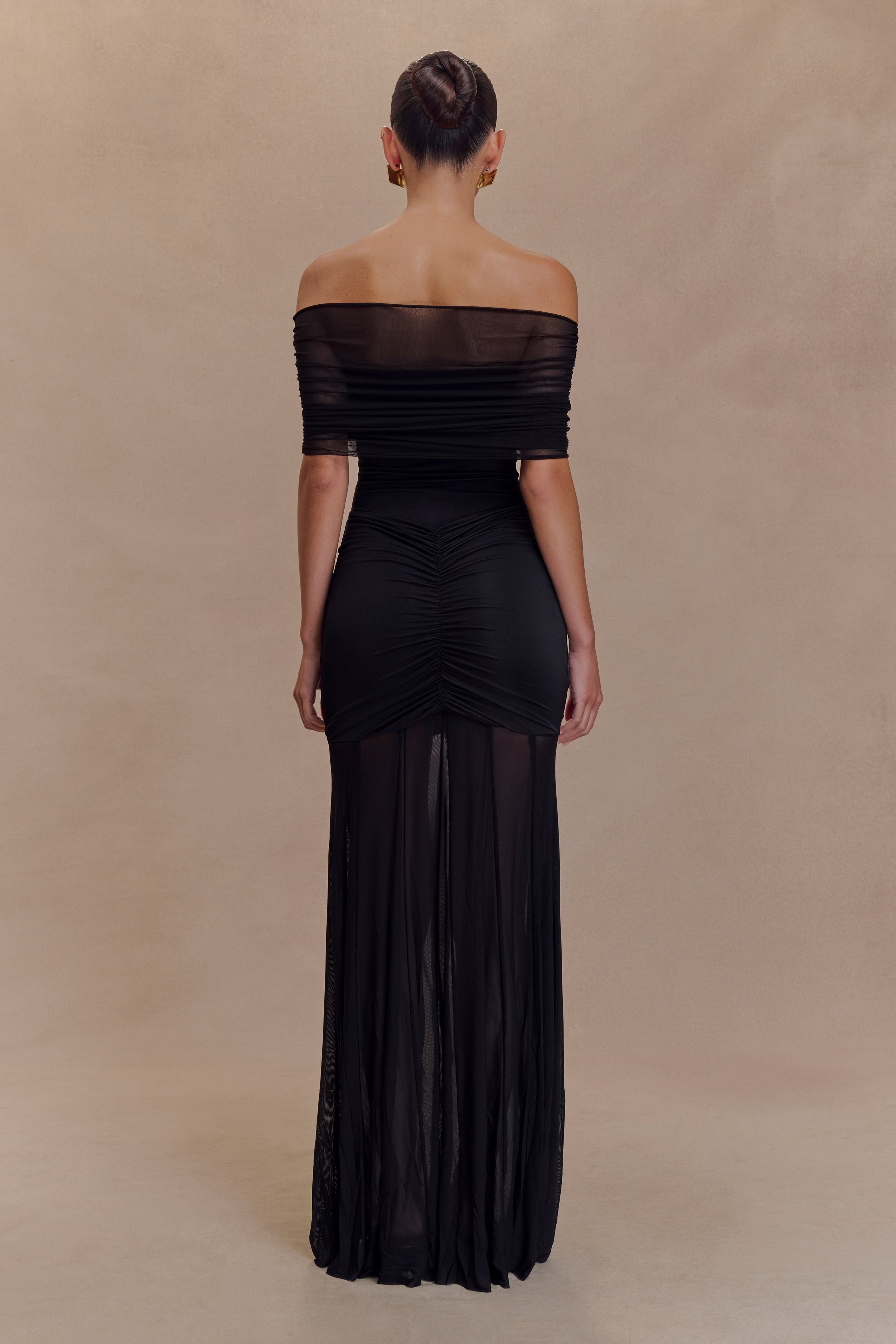 Linzy Slinky And Mesh Off Shoulder Maxi Dress - Black