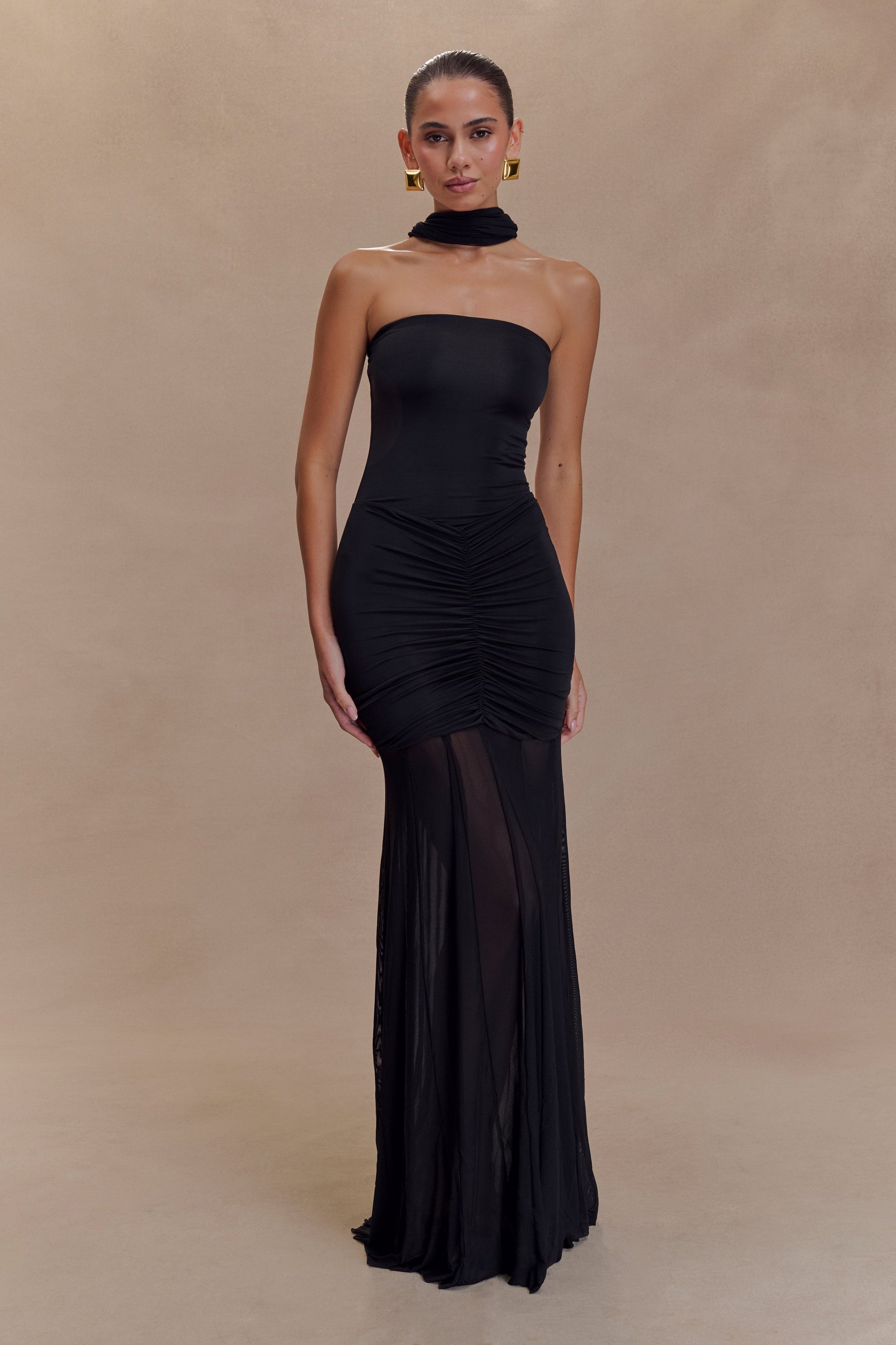 Linzy Slinky And Mesh Off Shoulder Maxi Dress - Black