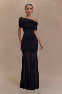 Linzy Slinky And Mesh Off Shoulder Maxi Dress - Black