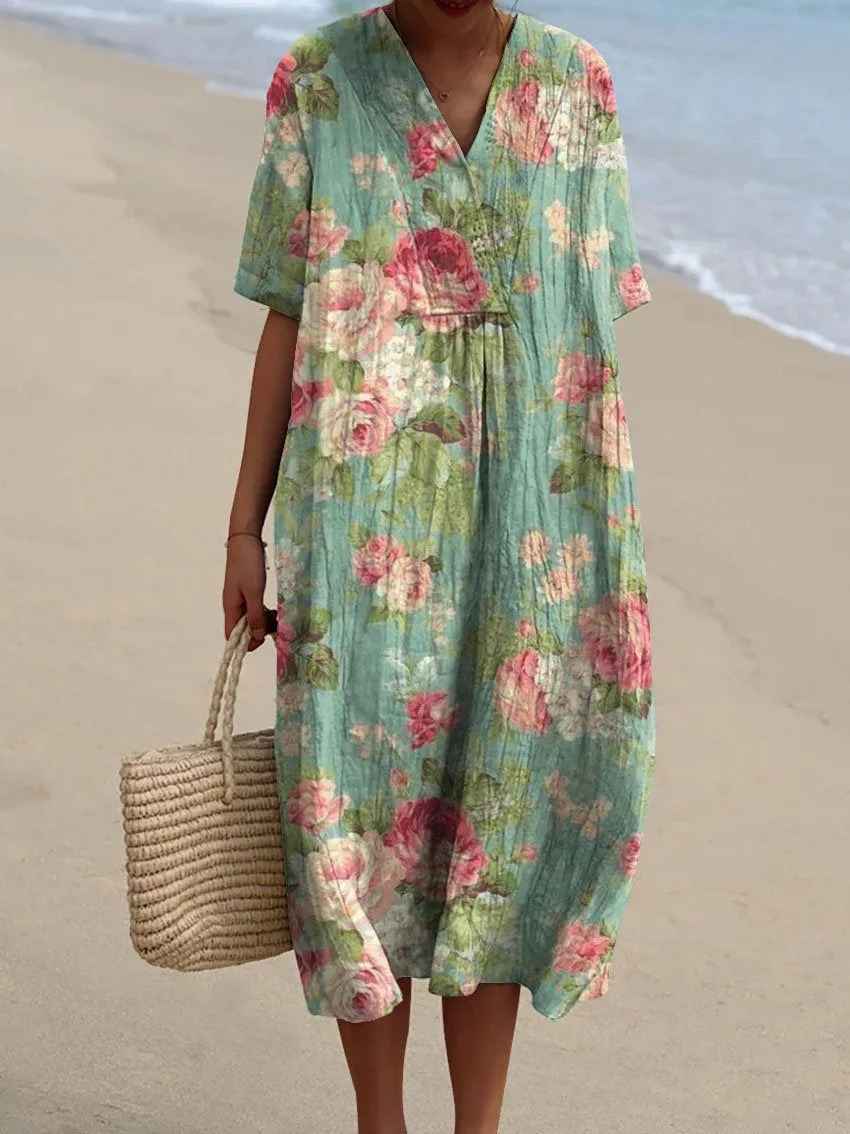 Women's Vintage Floral Art Print Flowy Casual Dress