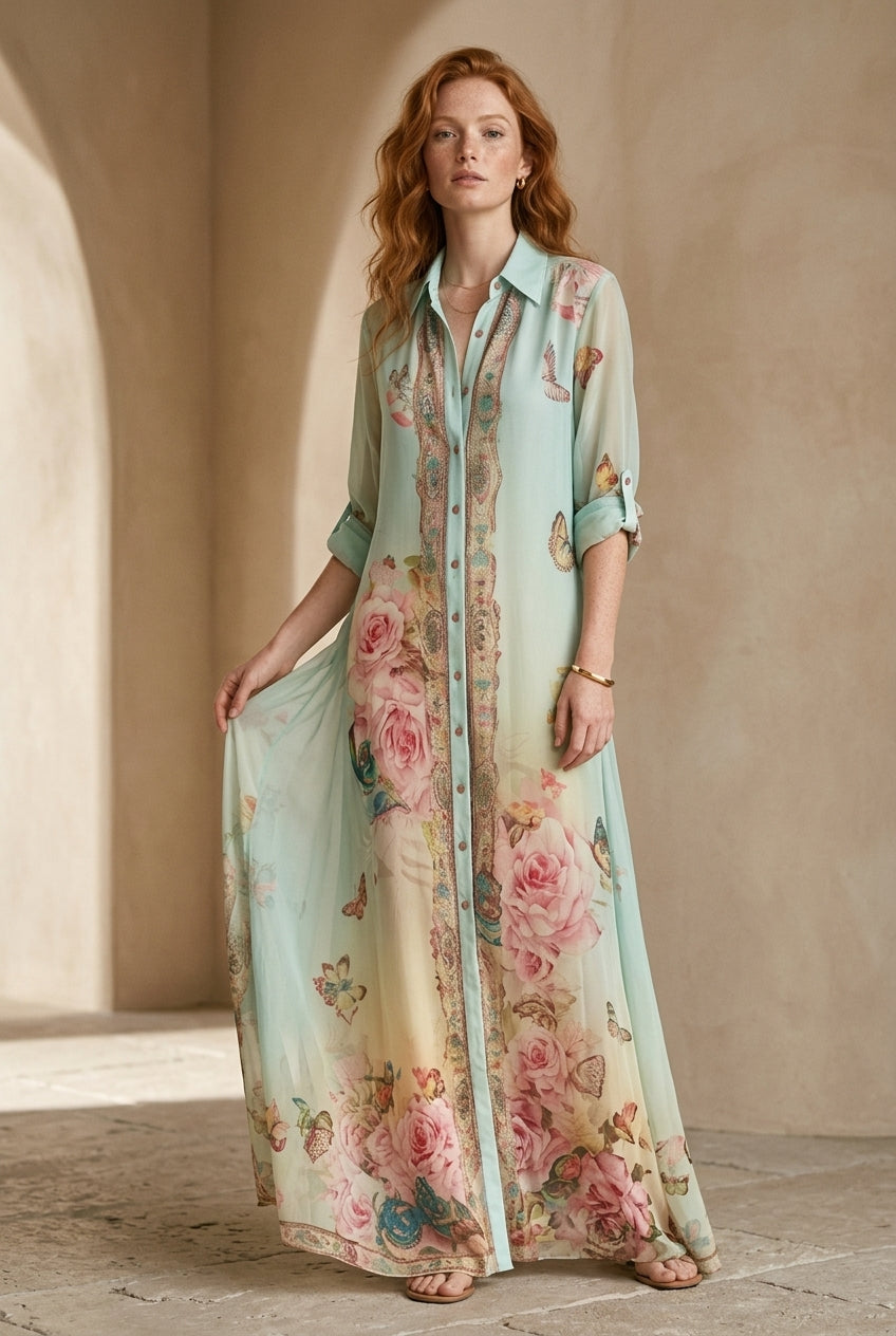 Baroque Style Mint Green Chiffon Floral Maxi Dress