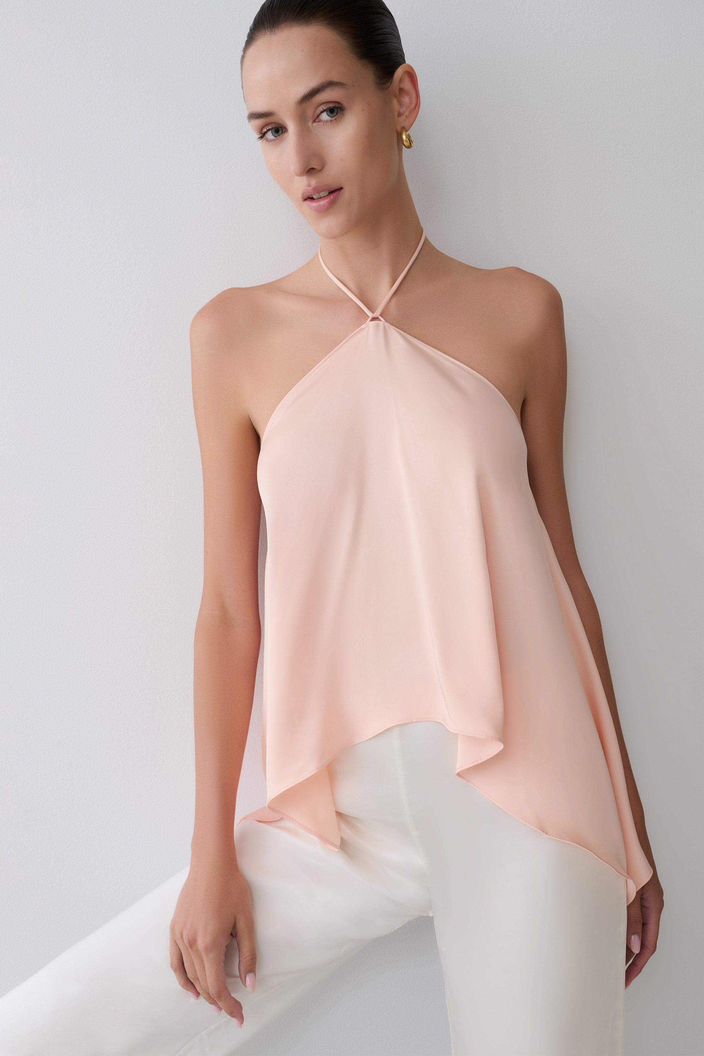 Angelina Draped Satin Halter Top - Peach