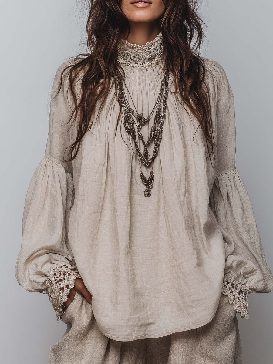 Lace-trimmed Pleated Cotton Linen Blouse