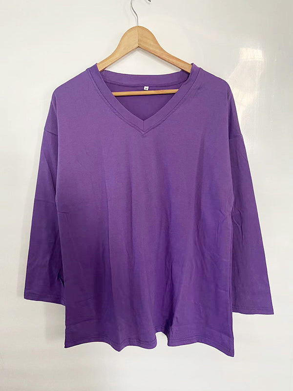 Long Sleeve Loose See-Through Solid Color Split-Joint V-Neck T-Shirts