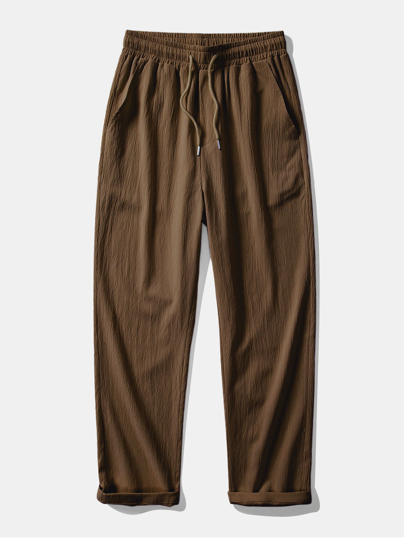 Stripe Waffle Button Up Shirt & Crinkle Textured Straight Leg Pants