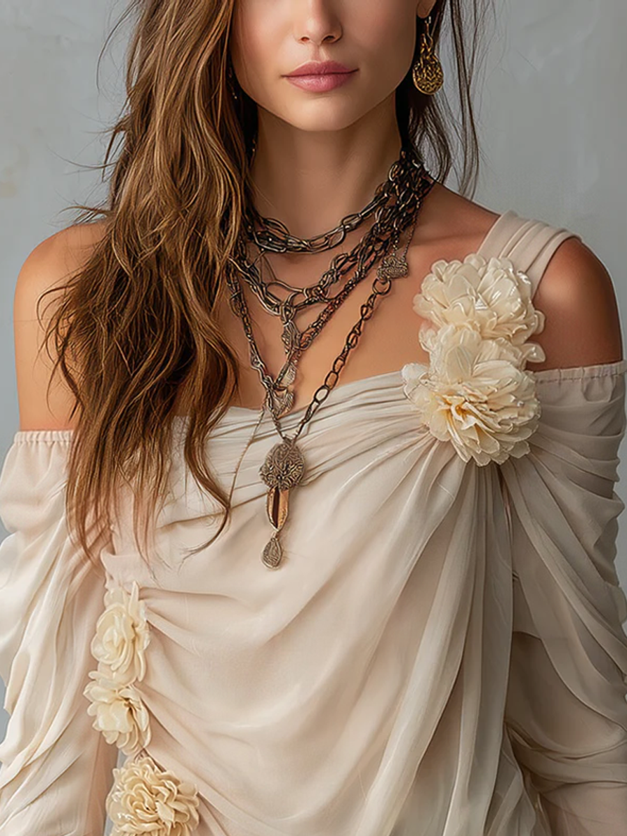 Bohemian Draped Off-Shoulder Floral Chiffon Blouse
