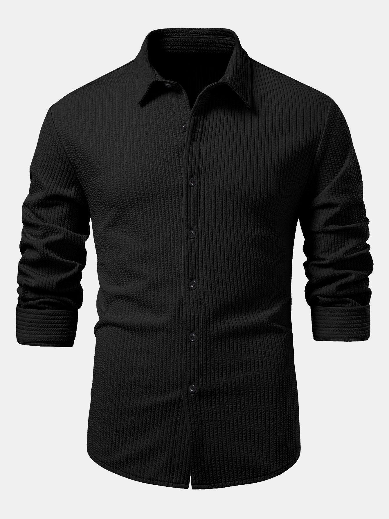 Ribbed Long Sleeve Muscle-Fit Button-Up Shirt