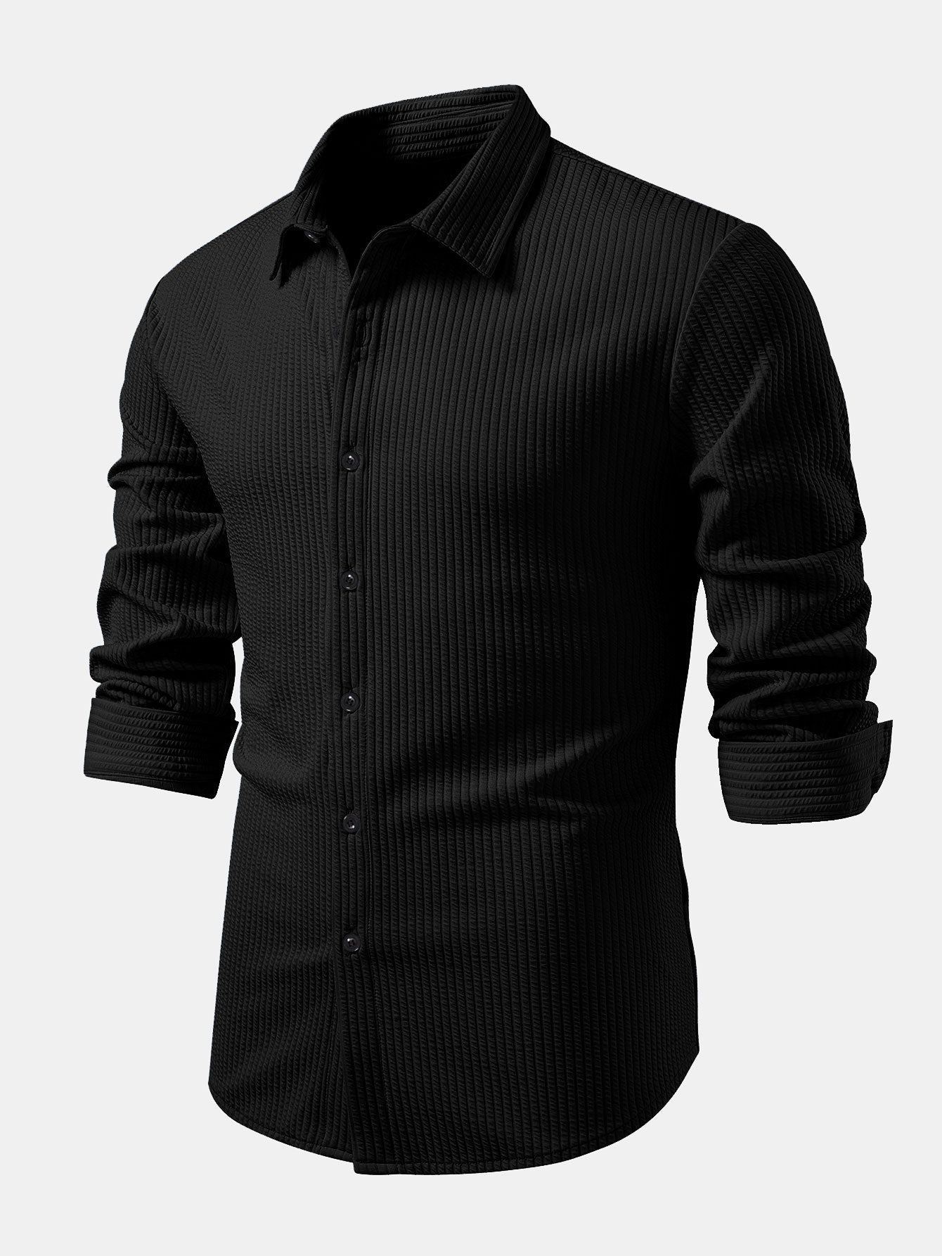 Ribbed Long Sleeve Muscle-Fit Button-Up Shirt