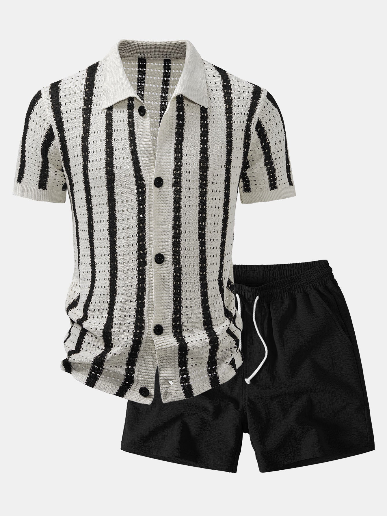 Stripe Open Knit Shirt & Crinkle Textured Drawstring 5" Shorts