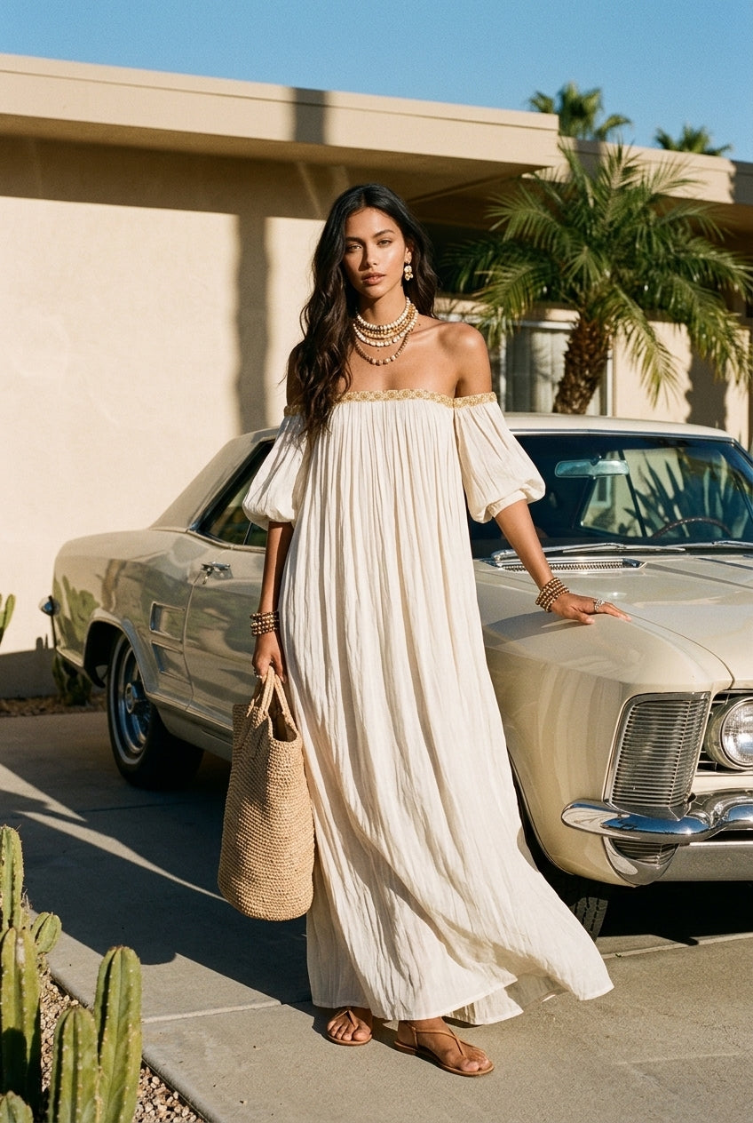 Bohemian Style Off-the-shoulder Pleated Ivory Long Dress