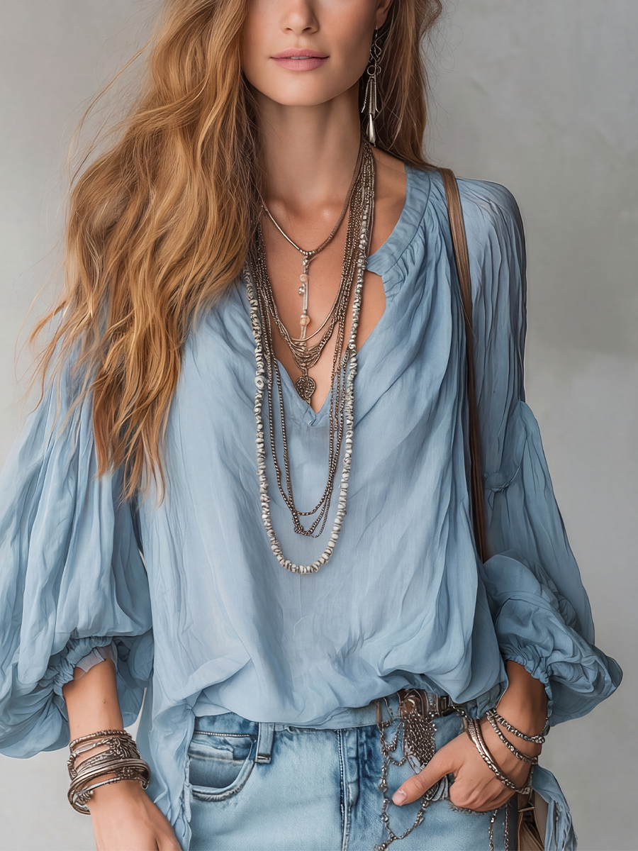 Airy Mist-Blue Bohemian Blouse