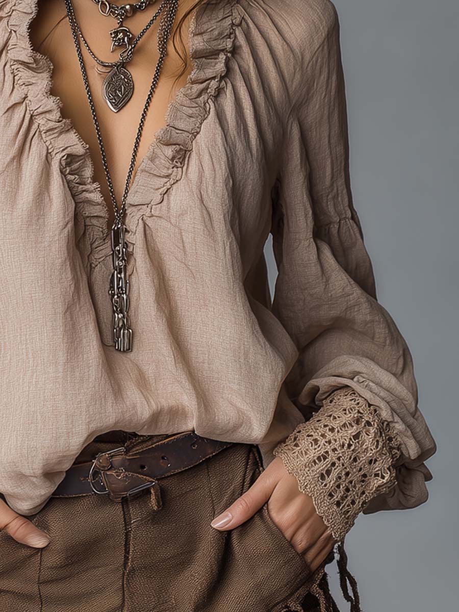 Easy-to-wear Ruffled Pleated Collar Cotton Linen Blouse