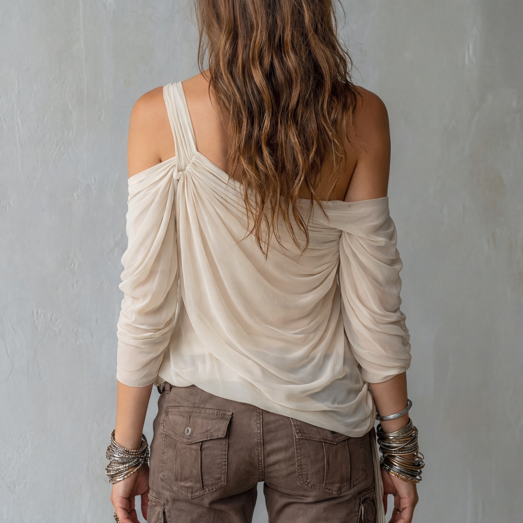 Bohemian Draped Off-Shoulder Floral Chiffon Blouse