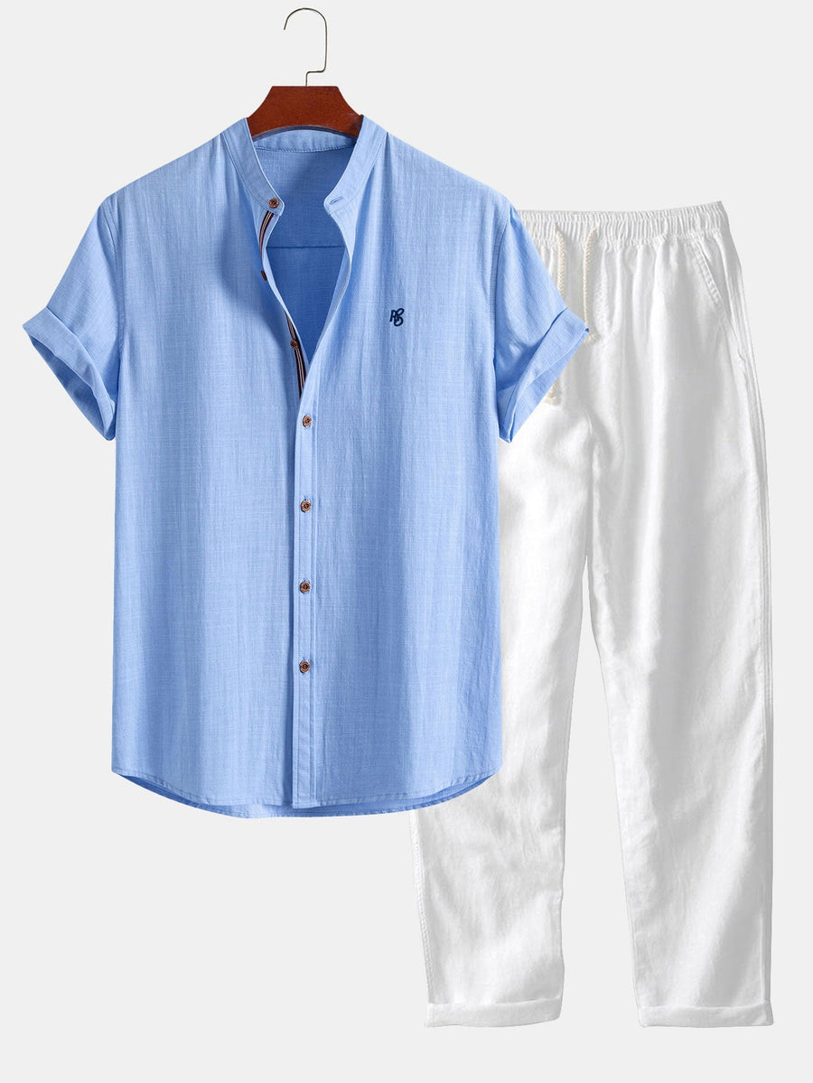 Short Sleeve Linen Look Stand Collar Shirt & Straight Leg Linen Pants