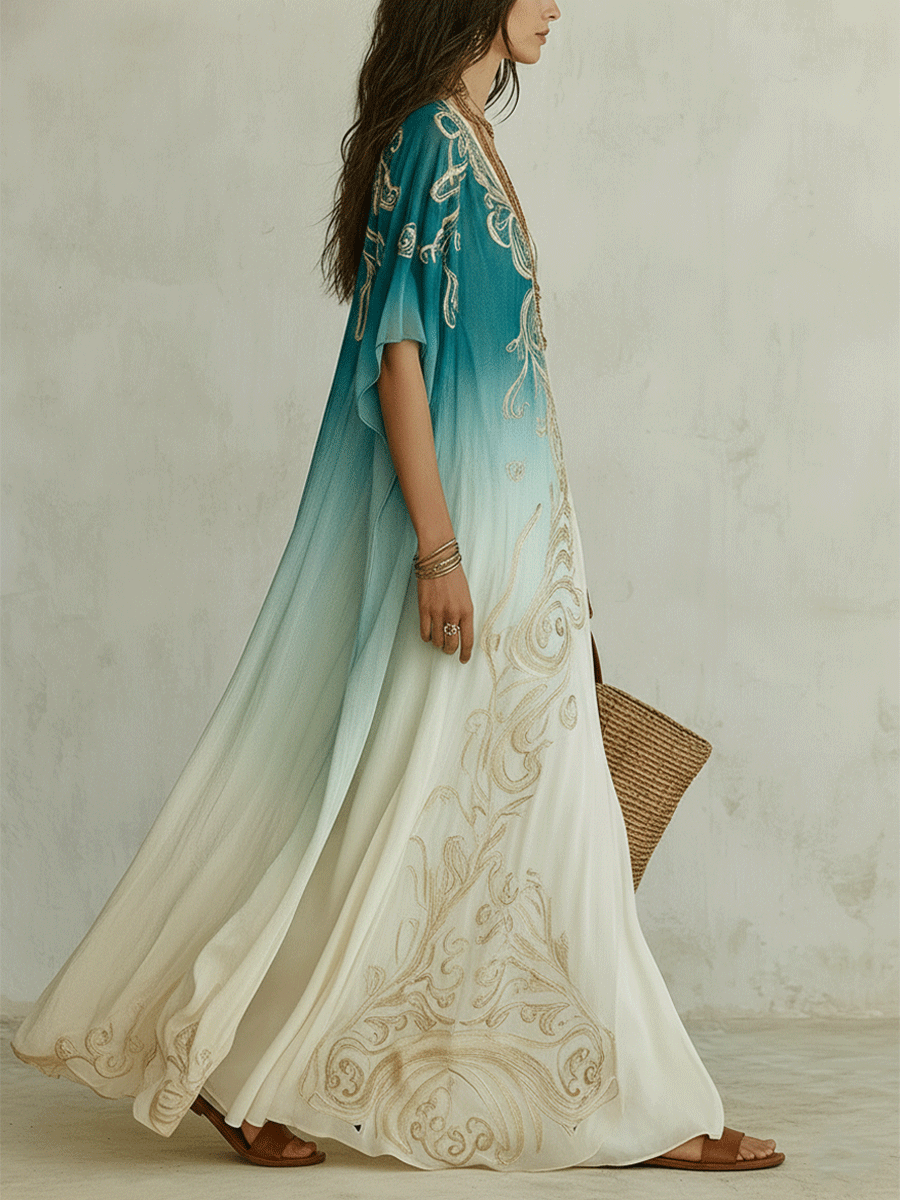 Elegant Coastal Breeze Aqua Ombre Kaftan Maxi Dress