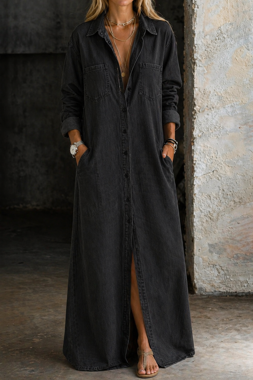 Mila™ | Denim Maxi Shirt Dress