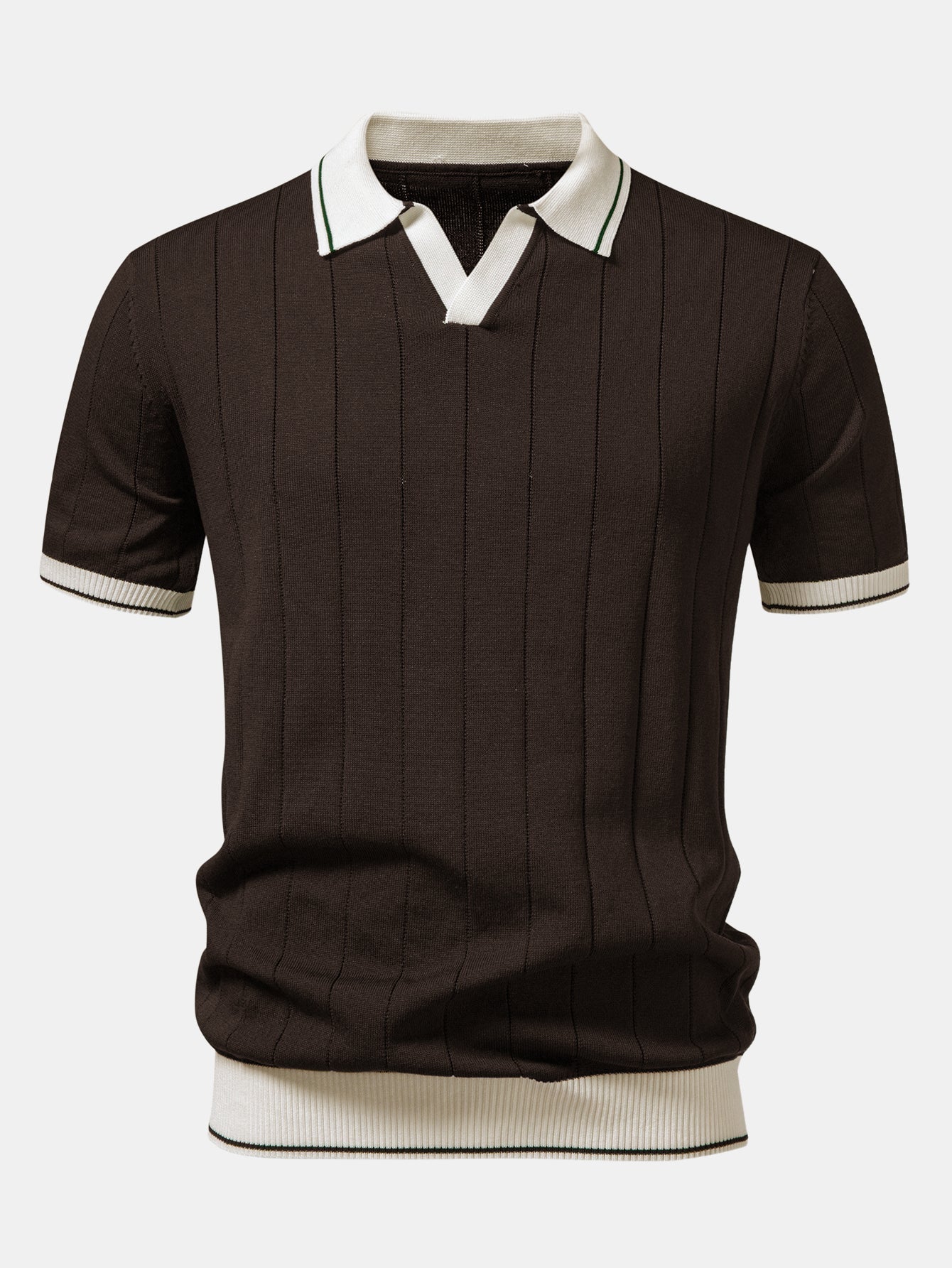 Contrast Trim Ribbed Johnny Collar Knit Polo & Slim Fit Tapered Trousers