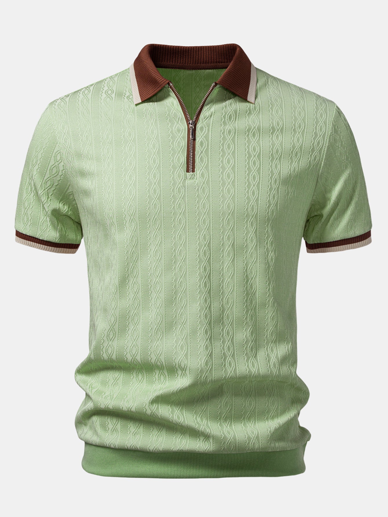 Contrast Trim Textured Zipper Knit Polo & Slim Fit Tapered Trousers