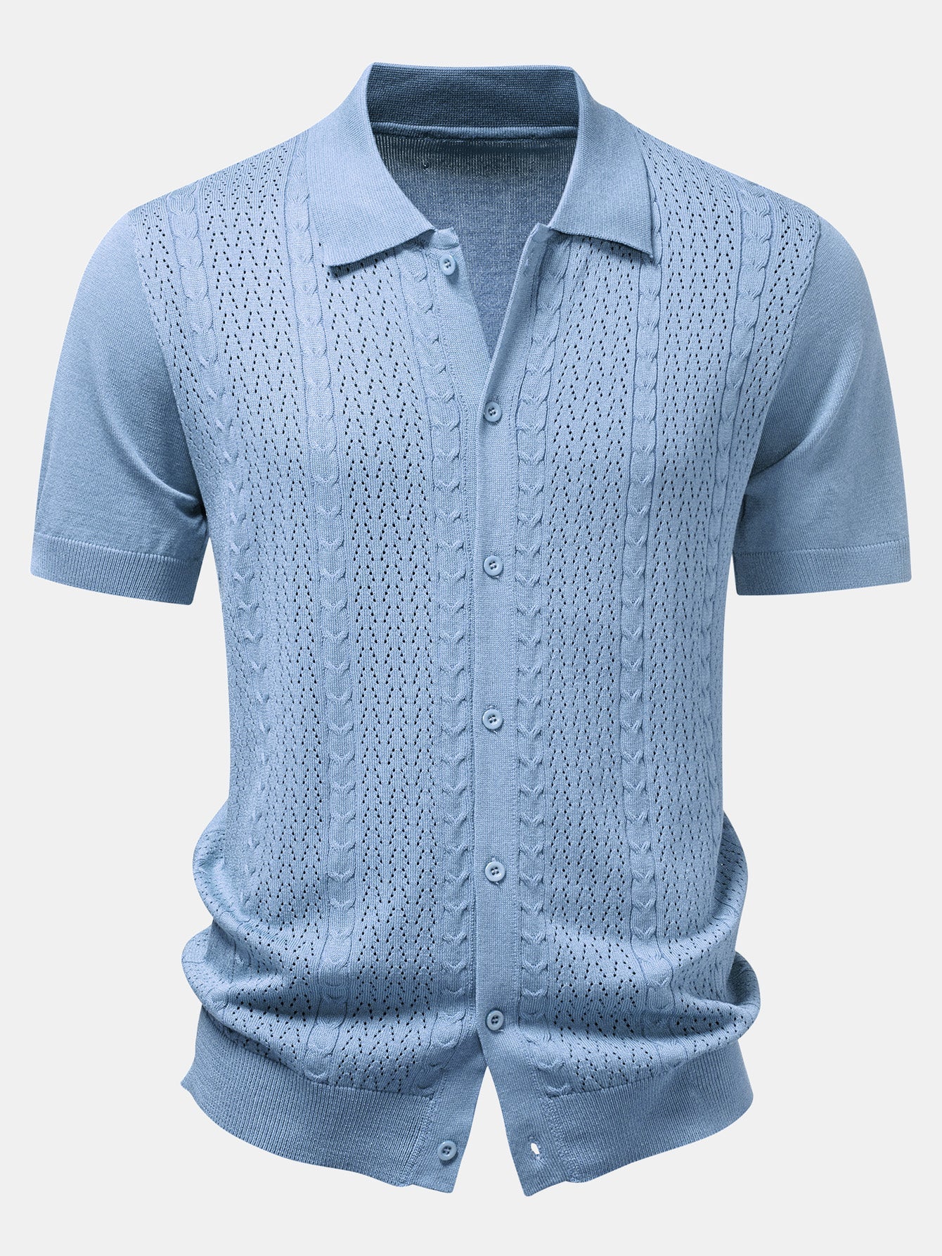 Twisted Jacquard Button Up Knit Shirt & Crinkle Textured Drawstring 5" Shorts