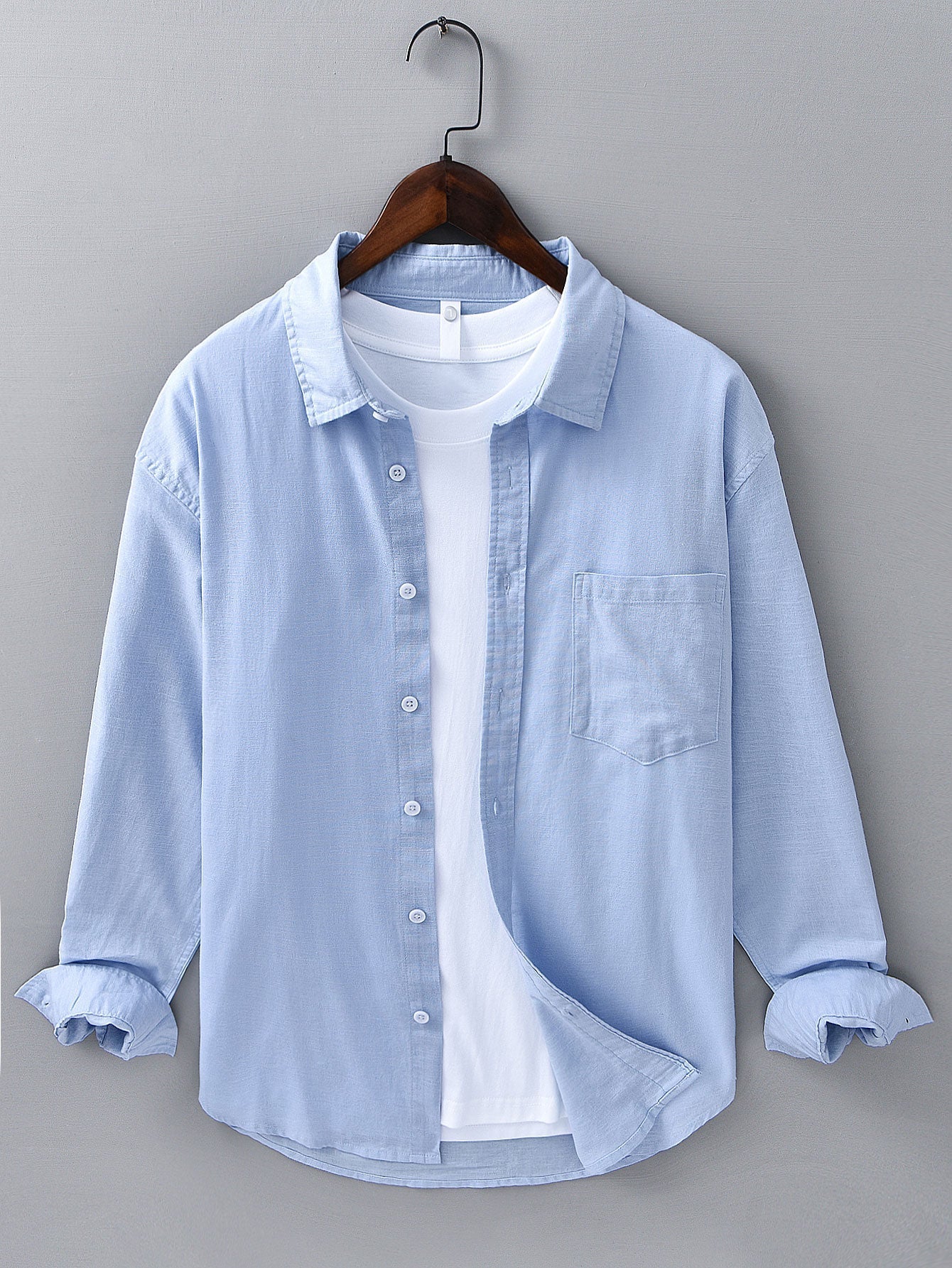 Long Sleeve Linen and Cotton Shirt with Pocket